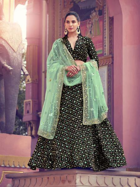 Women's  Black Heavy Embroidered Fur Lehenga - Myracouture