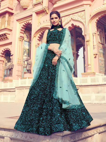 Women's  Black Heavy Embroidered Fur Lehenga - Myracouture