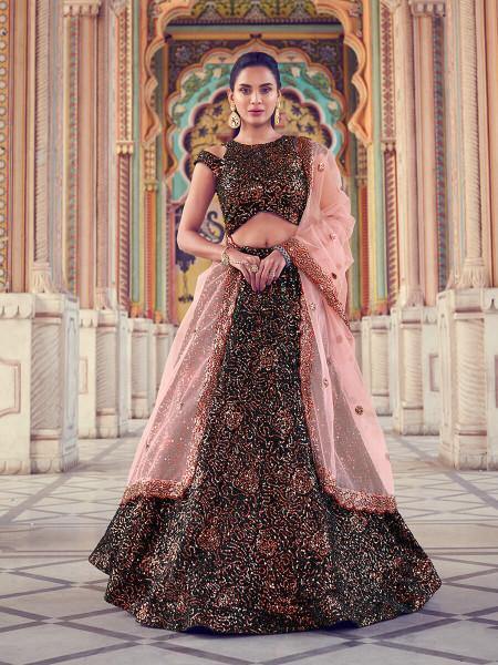 Women's  Black Heavy Embroidered Fur Lehenga - Myracouture