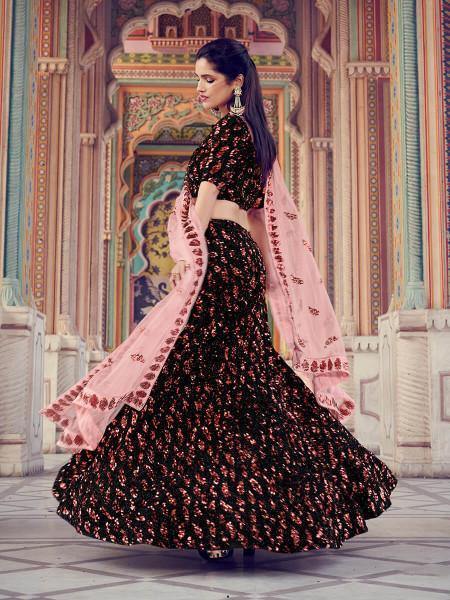 Women's  Black Heavy Embroidered Fur Lehenga - Myracouture