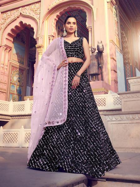 Women's  Black Heavy Embroidered Fur Lehenga - Myracouture