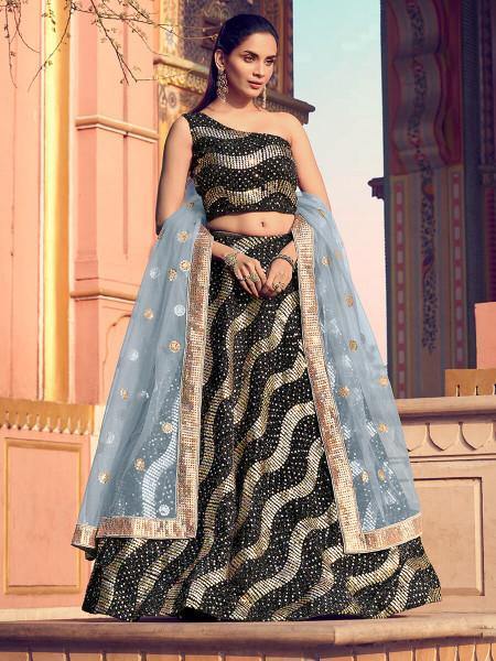 Women's  Black Heavy Embroidered Fur Lehenga - Myracouture