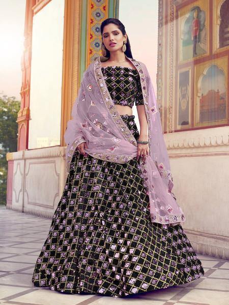 Women's  Black Heavy Embroidered Fur Lehenga - Myracouture