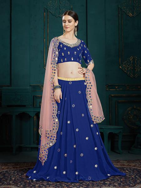 Women's  Navi Blue Georgette Embroidered Lehenga - Myracouture