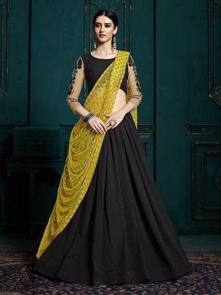 Women's  Black Georgette Embroidered Lehenga - Myracouture