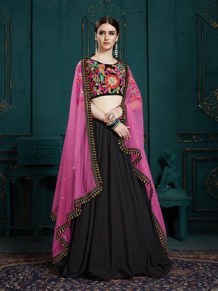 Women Black Embroidered Lehenga by Myracouture (3pcs Set)