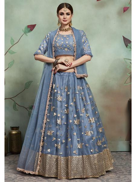 Women's  Grey Soft Net Heavy Embroidered Lehenga - Myracouture