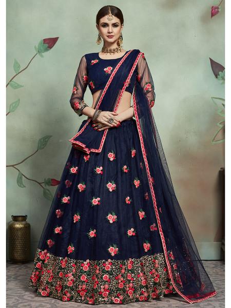 Women's  Navy Blue Soft Net Heavy Embroidered Lehenga - Myracouture