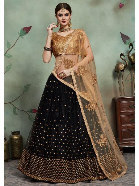 Women's  Black Soft Net Heavy Embroidered Lehenga - Myracouture