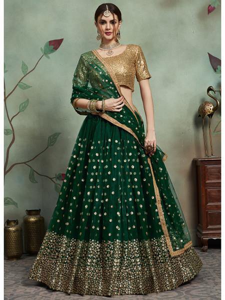 Women Dark Green Embroidered Lehenga by Myracouture (3pcs Set)