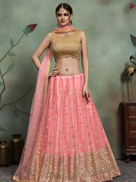 Women's  Baby Pink Soft Net Heavy Embroidered Lehenga - Myracouture