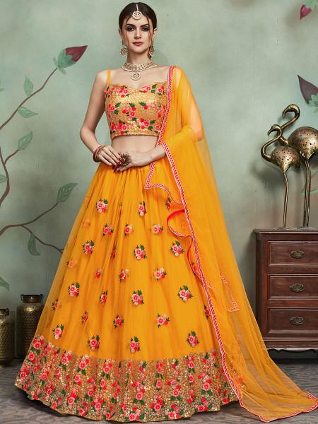 Women Mustard Yellow Embroidered Lehenga Choli by Myracouture (3pcs Set)