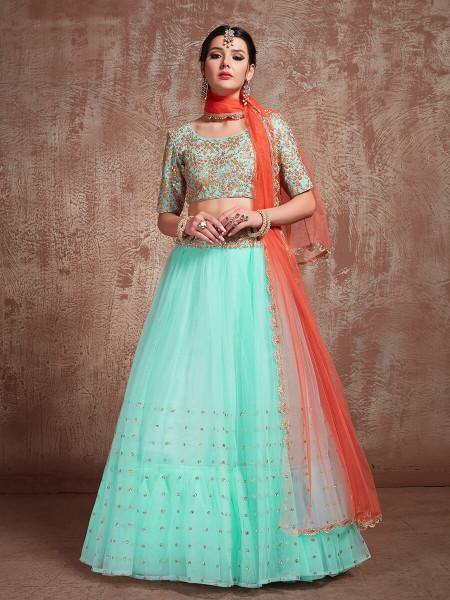 Women's  Blue Soft Net Heavy Embroidered Lehenga - Myracouture