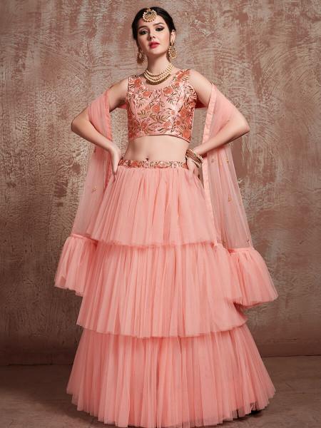 Women's  Peach Soft Net Heavy Embroidered Lehenga - Myracouture