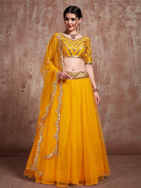 Women's  Musturd Soft Net Heavy Embroidered Lehenga - Myracouture