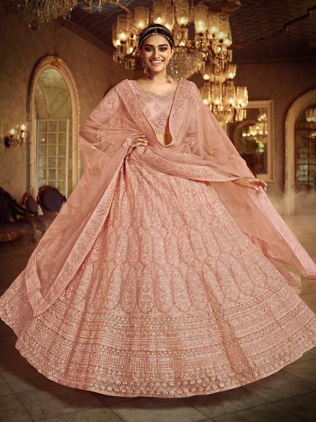 Women's  Peach Soft Net Heavy Embroidered Lehenga - Myracouture