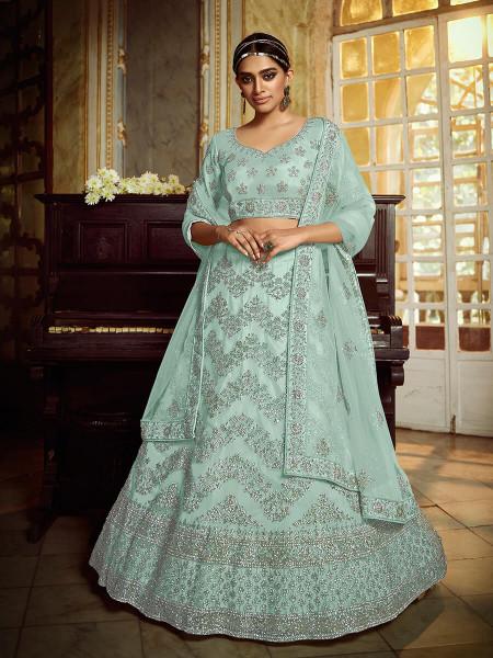 Women's  Sky Blue Soft Net Heavy Embroidered Lehenga - Myracouture