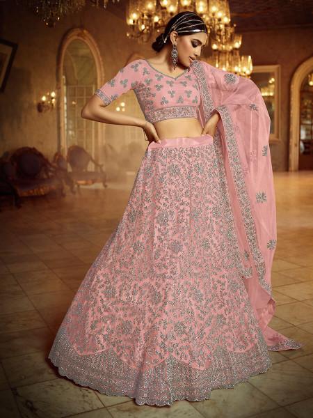 Women's  Pink Soft Net Heavy Embroidered Lehenga - Myracouture