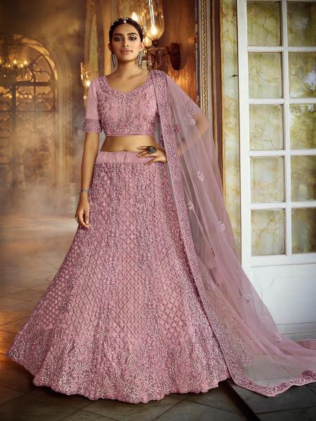 Women's  Pink Soft Net Heavy Embroidered Lehenga - Myracouture