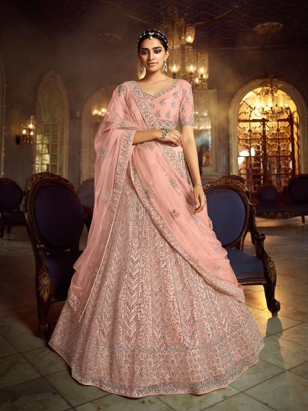 Women's  Peach Soft Net Heavy Embroidered Lehenga - Myracouture