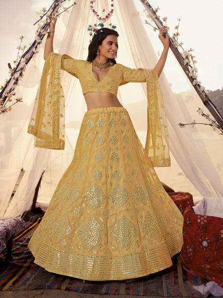 Women's  Musturd Yellow Embroidered Organza Lehenga - Myracouture