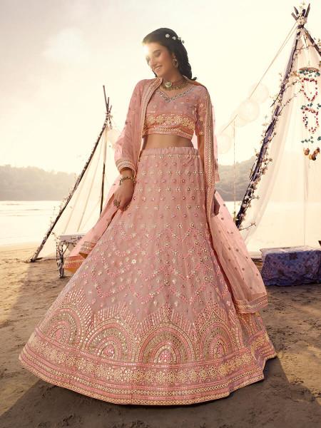 Women's  Peach Embroidered Organza Lehenga - Myracouture