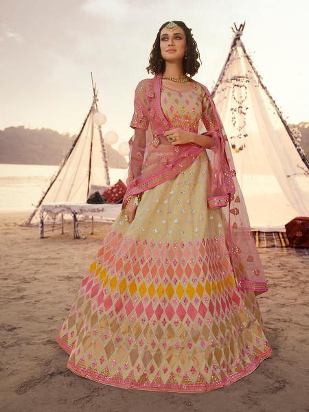 Women's  Beige Embroidered Organza Lehenga - Myracouture