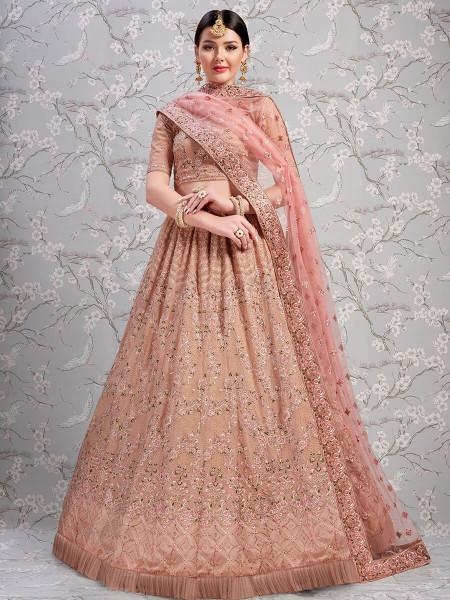 Women's  Rose Taupe Georgette Embroidered Lehenga - Myracouture