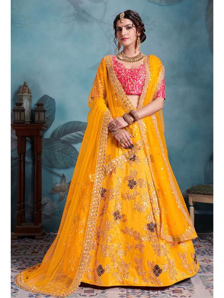 Women's  Yellow Art Silk Embroidered Lehenga - Myracouture