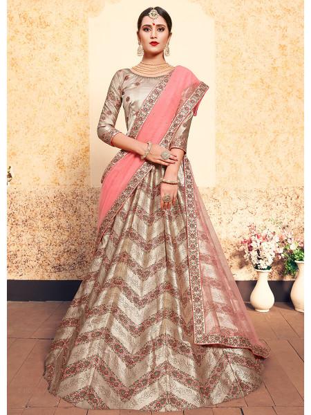 Women's  Tortilla Brown Satin Embroidered Lehenga - Myracouture