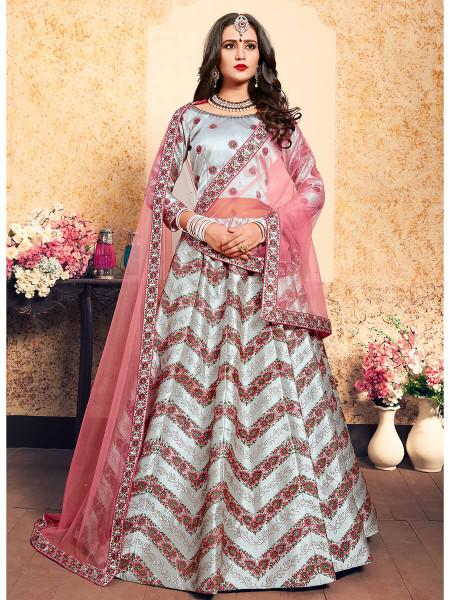 Women's  Grey Satin Embroidered Lehenga - Myracouture