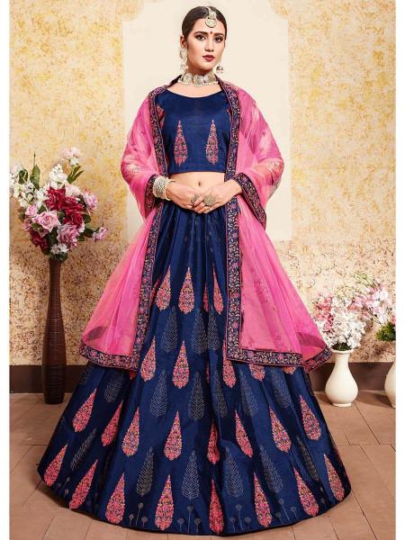 Women's  Navy Blue Satin Embroidered Lehenga - Myracouture