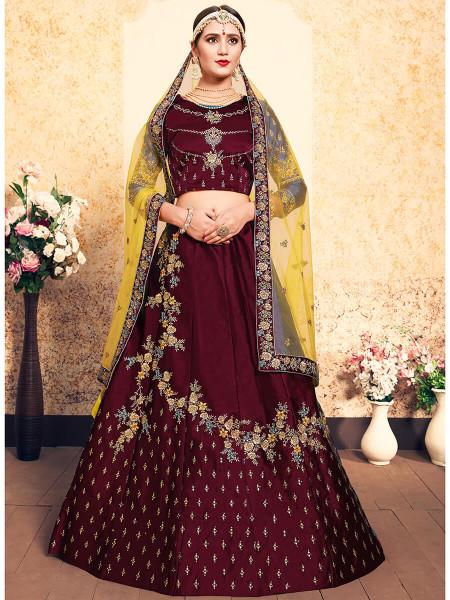 Women's  Maroon Satin Embroidered Lehenga - Myracouture