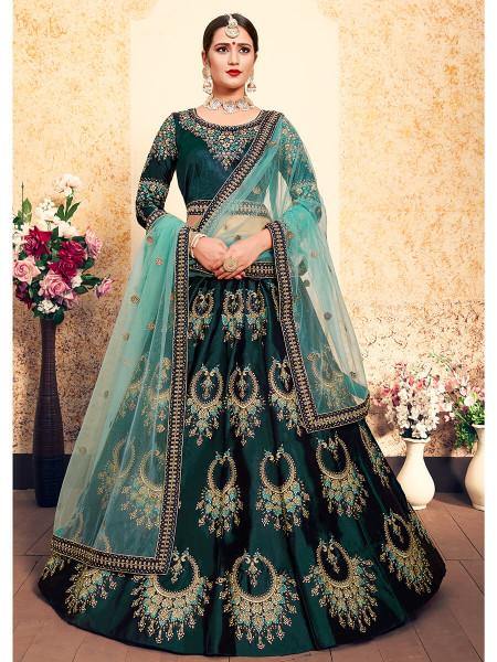 Women's  Dark Green Satin Embroidered Lehenga - Myracouture