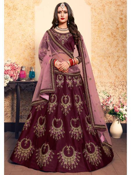 Women's  Brown Satin Embroidered Lehenga - Myracouture