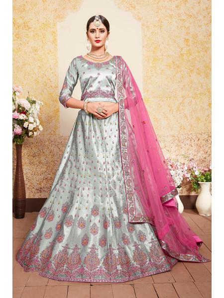 Women's  Grey Satin Embroidered Lehenga - Myracouture