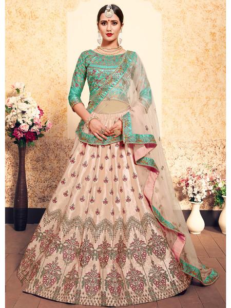 Women's  Peach Satin Embroidered Lehenga - Myracouture