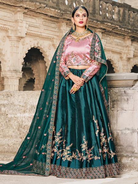 Women's  Green Satin Embroidered Lehenga - Myracouture