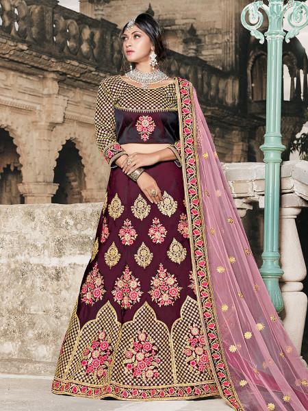 Women's  Wine Taffeta Embroidered Lehenga - Myracouture