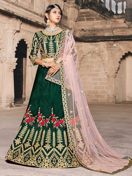 Women's  Green Taffeta Embroidered Lehenga - Myracouture