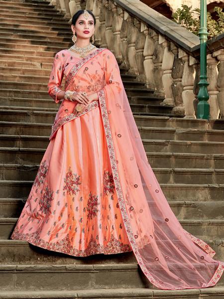 Women's  Peach Satin Embroidered Lehenga - Myracouture