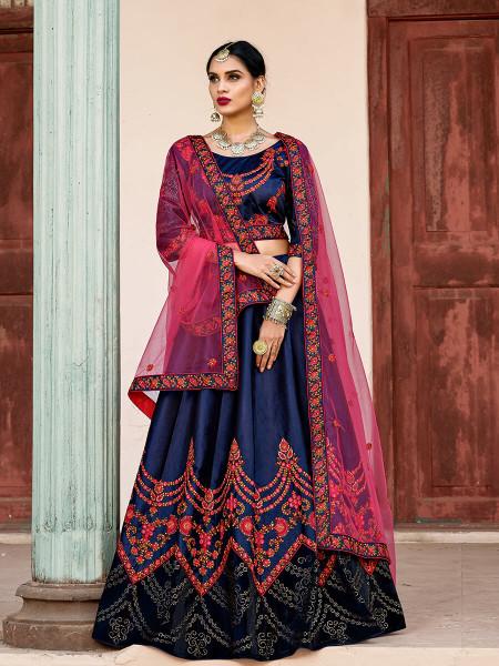 Women's  Navy Blue Satin Embroidered Lehenga - Myracouture