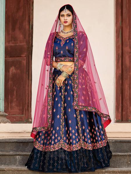 Women's  Navy Blue Satin Embroidered Lehenga - Myracouture