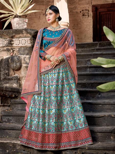 Women's  Skyblue Satin Embroidered Lehenga - Myracouture