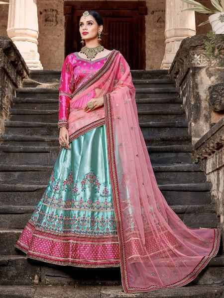 Women's  Skyblue Embroidered Lehenga - Myracouture