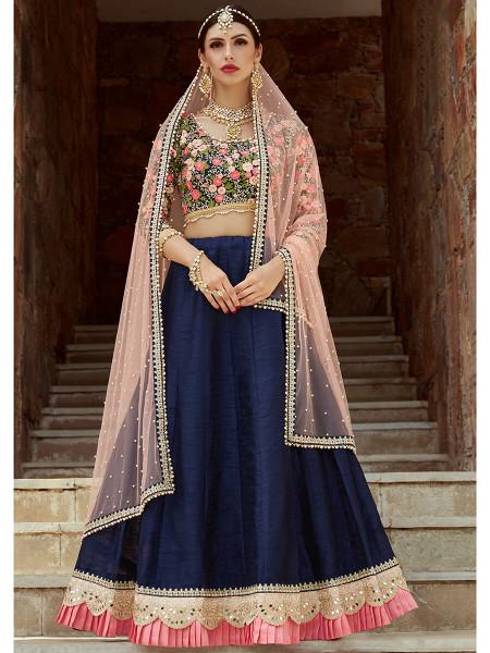 Women's  Navy Blue Art Silk Lahanga - Myracouture