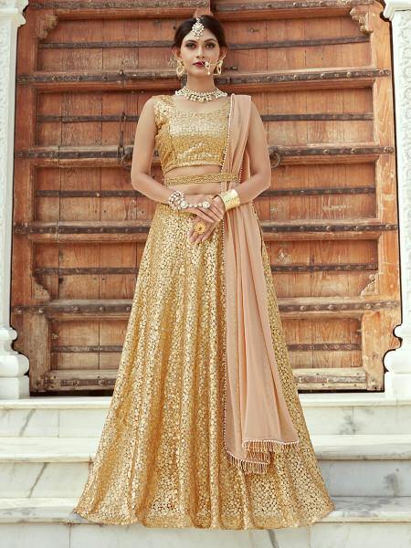 Women's  Beige Soft Net Lahanga - Myracouture