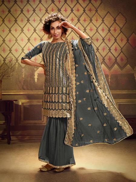 Women's  Grey Soft Net Gharara Suit - Myracouture