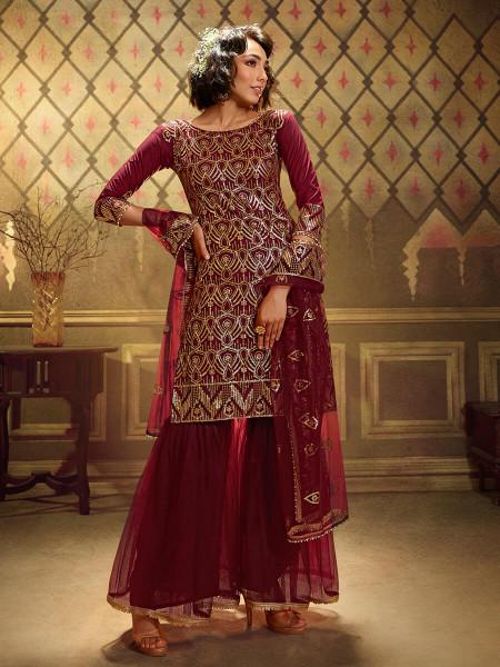 Women's  Maroon Soft Net Gharara Suit - Myracouture