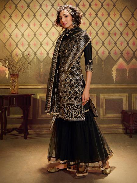 Women's  Black Soft Net Gharara Suit - Myracouture